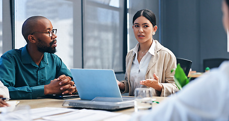 Image showing Business people, teamwork and documents in meeting for planning, data analysis and social media statistics at agency. Corporate employees, laptop and group with paperwork, report and strategy for job