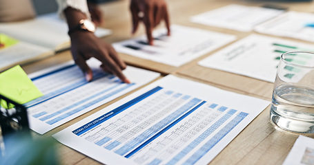 Image showing Business hands, documents and collaboration on graphs, charts and statistics for market research. People, data analyst with feedback or project management, plan and teamwork for growth in meeting