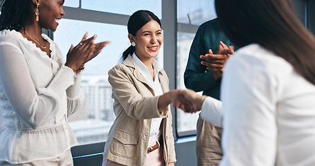 Image showing Business people, team and handshake with applause for partnership, congratulations and onboarding with support. Celebration, employees and shaking hands for welcome, promotion and agreement on deal