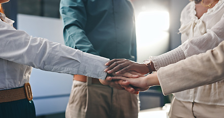 Image showing Business people, hands together and teamwork, support or collaboration with company goals, success and mission. Employees or professional group in circle with stack for job, target and staff synergy