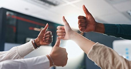 Image showing Hands, thumbs up and group of business people for success, agreement or deal achievement at office. Teamwork, yes sign and OK emoji for winning, synergy or solidarity at startup with employee support