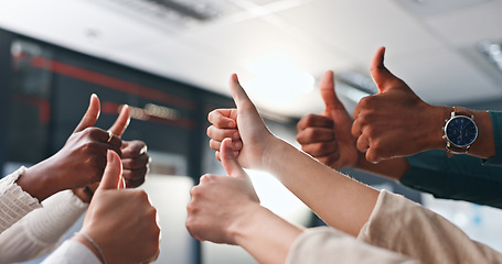 Image showing Business people, hands and thumbs up for success, agreement or deal achievement at office. Teamwork, yes sign and OK emoji for winning, synergy or group solidarity at startup with employee support