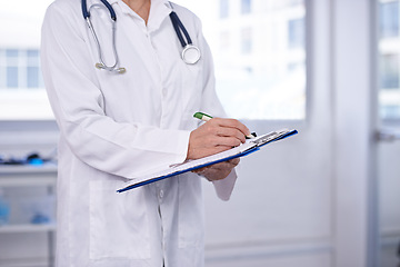 Image showing Hospital, writing and hands of doctor with documents for surgery, compliance or insurance info closeup. Healthcare, folder or nurse with pen for admin, paperwork or clinic, schedule or checklist
