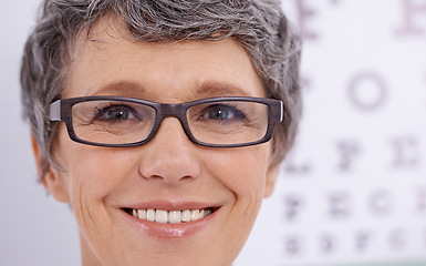 Image showing Face, senior woman and optometrist smile for eye care, professional and advice with doctor at clinic. Portrait, glasses for vision and prescription lens, assessment and ophthalmology for spectacles