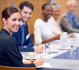 Image showing Happy woman, portrait and business with team in boardroom, meeting or discussion at the office. Group of corporate employees with smile for conference, planning or collaboration at the workplace
