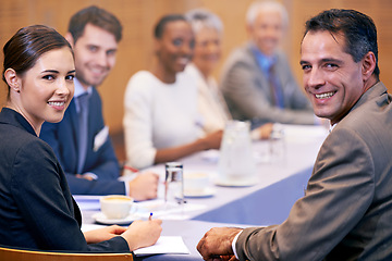 Image showing Happy, business people and portrait with team in boardroom, meeting or discussion at the office. Group of corporate employees with smile for conference, planning or collaboration at the workplace