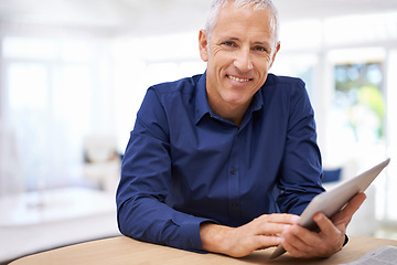 Image showing Tablet, search and portrait of senior man in house streaming, reading or ebook sign up. Face, smile or elderly male person with digital, app or online for google it, internet or subscription service