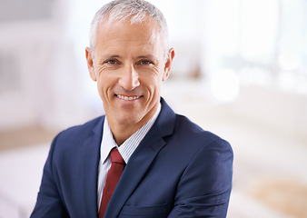 Image showing Smile, portrait and mature businessman, boss or senior manager at corporate startup office. Relax, confidence and happy face of business owner, CEO or entrepreneur at professional agency with pride