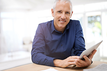 Image showing Tablet, app and portrait of senior man in house streaming, reading or ebook sign up. Face, smile or elderly male person with digital, search or online for google it, internet or subscription service