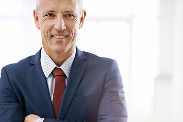 Image showing Crossed arms, business and portrait of senior man with confidence for career, job and working. Professional office, startup agency and person with team for company pride, smile and positive attitude