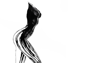 Image showing Studio, figure and paint on body of woman with outline of breast, legs or human silhouette in white background. Creative, painting or texture of black ink in art or abstract character in mockup space