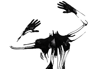 Image showing Studio, figure and paint on body of person with outline of hands and human silhouette in white background. Creative, painting and texture of black ink for art or abstract character in mockup space