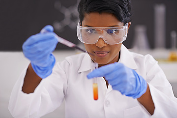 Image showing Science, laboratory and black woman with sample and pipette for medical research, study and vaccine development. Healthcare, pharmaceutical and person with vial for medicine, experiment and analysis