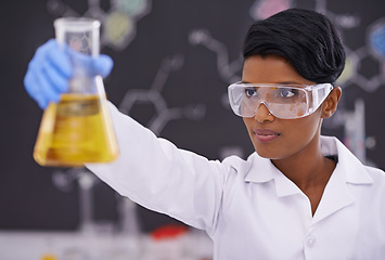 Image showing Science, laboratory and black woman with sample in beaker for medical research, analysis and vaccine development. Healthcare, pharmaceutical and person with vial for medicine, experiment and study