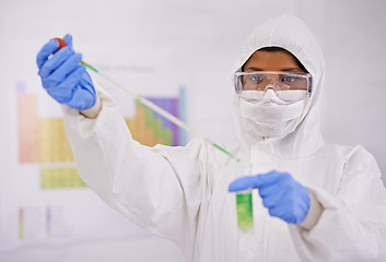 Image showing Science, laboratory and scientist with sample and pipette for medical research, analysis and vaccine development. Healthcare, pharmaceutical and person with vial for medicine, experiment and study