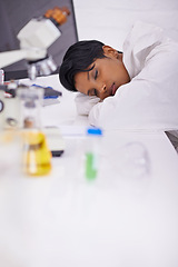 Image showing Nap, tired and woman scientist in laboratory working overtime on pharmaceutical research. Exhausted, fatigue and female biology researcher with sleeping for burnout with medical project or study.