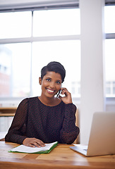 Image showing Young business woman, phone call and networking in office and talking of creative idea for company project. Indian person, writer and cellphone for discussion on book printing and review of publisher