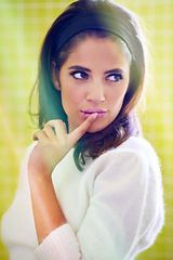 Image showing Female person, face and thinking with secret, makeup or cosmetics for facial treatment or glamour on studio background. Female person, brunette or model with finger on lips for whisper or silence