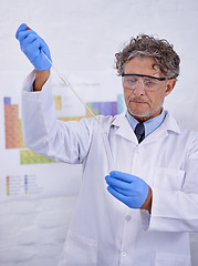 Image showing Scientist, pipette and chemistry in laboratory, healthcare facility and results for medical research. Male person, science expert and doctor with man for analysis, dna and study in test tube