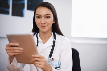 Image showing Portrait, doctor and woman with tablet in hospital for healthcare, wellness or telehealth online in clinic. Face, medical and professional with technology, employee and radiology expert in Brazil