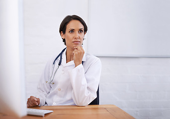 Image showing Office, woman or doctor at computer thinking, brainstorming and ideas for healthcare in hospital. Online, research and medical professional at desk with insight, planning or problem solving in clinic