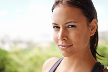 Image showing Smile, fitness and portrait of woman in nature for health, wellness and body workout outdoor. Happy, sports and face of female person from Mexico in park or garden for exercise training routine.