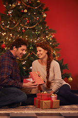 Image showing Couple, tree for Christmas and gift for holiday celebration, festive season of giving for love and commitment. Happy, gratitude and support with people at home for present, romance and relationship
