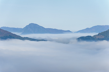 Image showing Misty mountain morning: serene valley shrouded in ethereal fog a