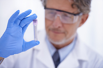 Image showing Science, laboratory and man with sample in vial for medical research, analysis and vaccine development. Healthcare, pharmaceutical and scientist with test tube for medicine, experiment and study