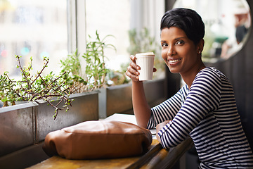 Image showing Coffee, smile and portrait of woman in cafe for morning with positive, good and confident attitude. Happy, face and female person from Mexico drinking latte, espresso or cappuccino in restaurant.
