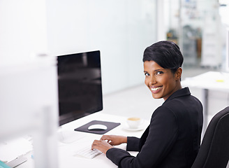 Image showing Computer, screen and portrait of happy business woman in office with mockup for web design, planning or research. Pc, face and female designer online for creative idea inspiration, faq or google it