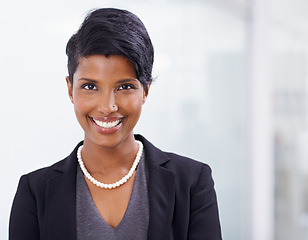 Image showing Confident, portrait and Indian woman, professional and smile for working in business as controller. Adult, female person and girl in workplace for accounting career in company, pride and corporate