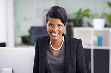 Image showing Business, portrait and happy Indian woman in office with confidence, positive attitude or career pride. Face, smile and female entrepreneur at digital agency startup with ambition or optimism