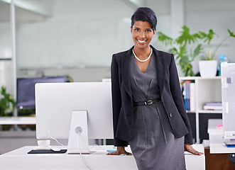 Image showing Portrait, smile and corporate with black woman, professional and modern office with computer and happy agency. African person, face and employee with pc and PR consultant with startup and confidence