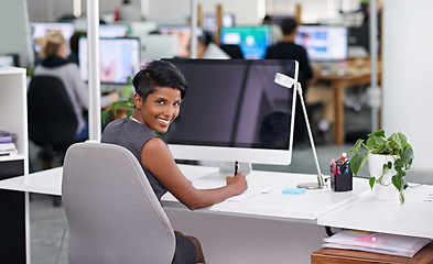 Image showing Computer screen, portrait and happy business woman writing in office with mockup for web design, planning or research. Pc, face or lady designer online for creative idea inspiration, faq or google it