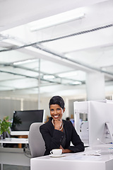 Image showing Business, portrait and happy Indian woman with computer in office for email, reading or planning with coffee. Smile, face and female consultant with pc for research, report or client communication