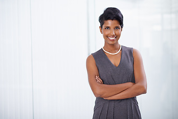 Image showing Corporate, portrait and Indian woman, worker and professional for startup business with smile. Adult, female person and girl in workplace for accounting career in company, pride and confident