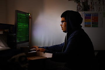 Image showing Programming, computer and man with hacker, night or cyber security with online database, malware or password phising. Person, IT programmer or ransomware developer with pc or website server with code