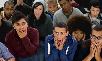 Image showing Surprised, portrait and group of friends with shock for news or announcement, top view and mouth open. People, wow for gossip or rumor with diversity, speechless and whisper or unexpected alert