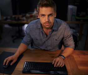 Image showing Man, face and keyboard for code, programmer and information technology with video game or software development. Internet, computer programming and network, gamer or developer for cyber security