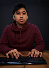 Image showing Asian man, face and keyboard for coding, programmer and information technology with video game or software development. Internet, computer programming with gamer or developer for cyber security