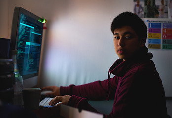 Image showing Night, portrait and man with computer for coding systems or designing software, cybersecurity and developer for company. Male person, programming or cloud engineer and malware with display of script