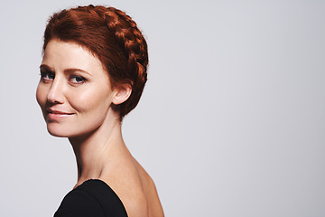 Image showing Woman, hair and portrait with braid crown for beauty, elegant hairstyle for glamour and redhead on white background. Haircare, shine and texture with luxury and plait, cosmetic care and mockup space