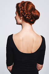 Image showing Back view of woman, hair and braid hairstyle for beauty, elegant redhead with glamour and cosmetology on white background. Haircare, luxury or regal, Irish model with plait or twist for cosmetic care