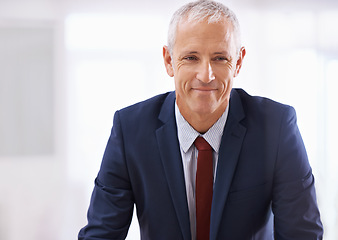 Image showing Smile, face and mature businessman, ceo or senior manager at corporate startup office with mockup. Relax, confidence and business owner, boss or happy entrepreneur at professional agency with pride