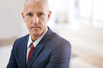 Image showing Leadership, portrait and mature businessman, serious ceo or senior manager at government office. Mockup, confidence and face of business owner, boss or entrepreneur at professional agency with pride