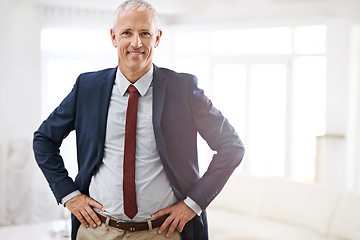 Image showing Office, portrait and mature businessman, confident ceo or senior manager at corporate startup. Smile, mockup and happy face of business owner, boss or entrepreneur at professional agency with pride