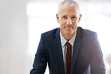 Image showing Mockup, portrait and mature businessman, happy ceo or senior manager at corporate startup office. Smile, confidence and face of business owner, boss or entrepreneur at professional agency with pride