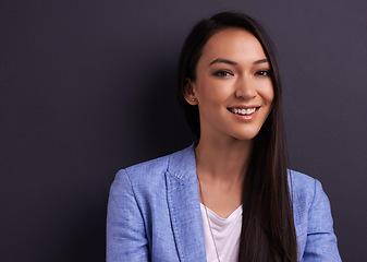 Image showing Portrait, smile and business woman in studio isolated on a grey background mockup space for job. Face, happy professional and entrepreneur, employee and young consultant working in Mexico for career