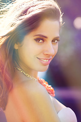 Image showing Makeup, smile and portrait of woman in nature for beauty, cosmetics and confidence in sunlight. Brazilian person, wellness and face with happiness for dermatology, satisfaction and summer break